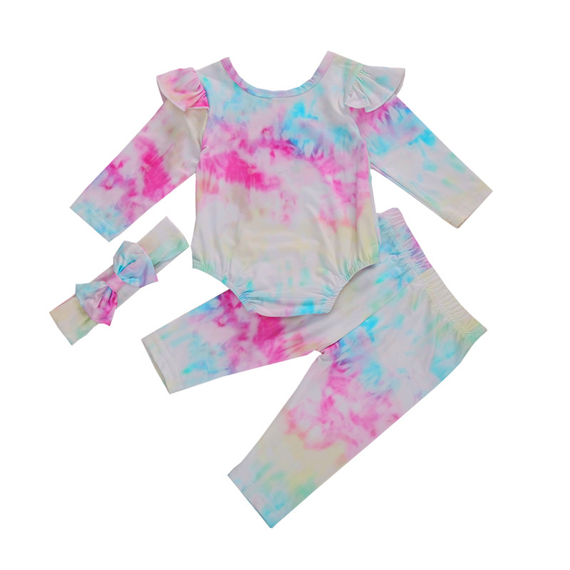 

2020 Newborn Set Baby Girls Tie Dye Clothing Tracksuit Long Sleeve Bodysuits Pants Headband 3pcs Outfits Clothes Set, Multi