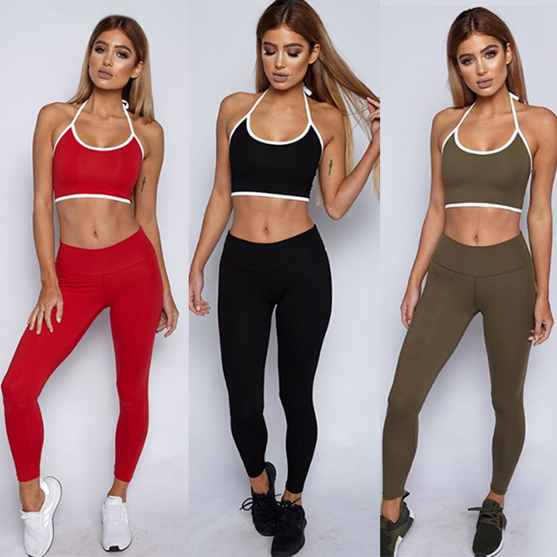 

New 2020 Women Yoga Two-piece Set Sling Halter Strap Bra Pure Color Fitness Female Leggings Gym Yoga Set Workout Sport Clothes, Black