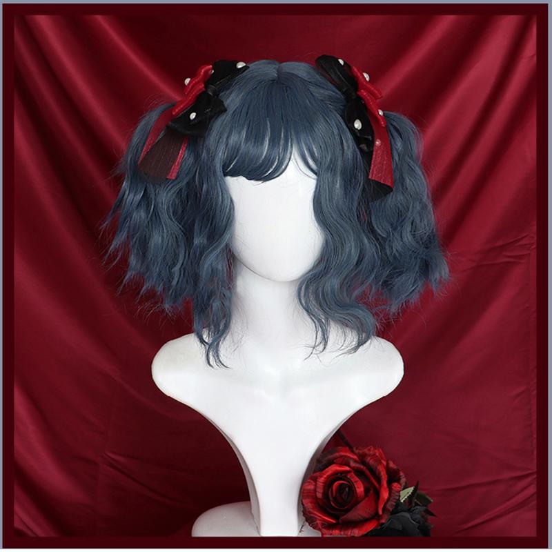 

BUQI Short Wavy Wigs Synthetic Dark Blue Heat Resistant Hair with Bangs for Black Women Afro Cosplay Lolita Wig, T1b/613