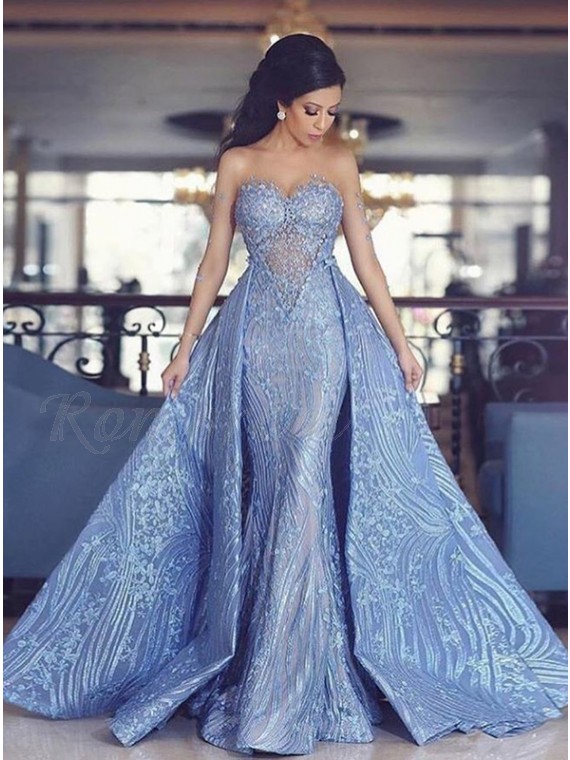 

Luxury Mermaid Evening Dresses Sweetheart Detachable Train Blue Prom Dress with Appliques Custom Made Plus Size Special Occasion Gowns, Same as picture