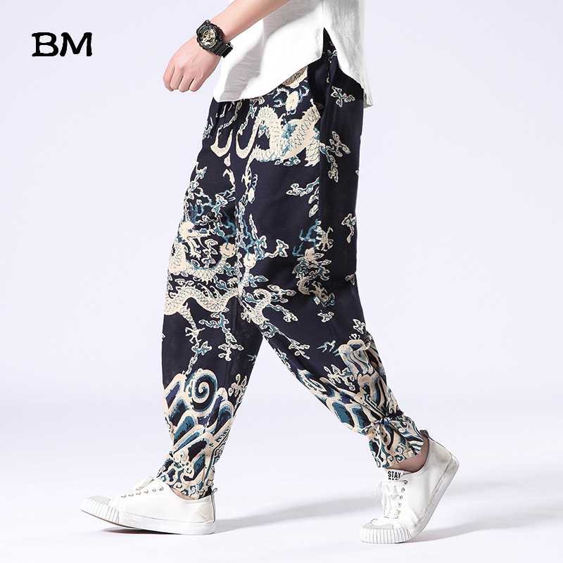 

Plus Size Linen Pants Men Chinese Style Dragon Print Nine-Point Beam Pants Loose Sport Harem Fashion Casual Trousers Male, Red