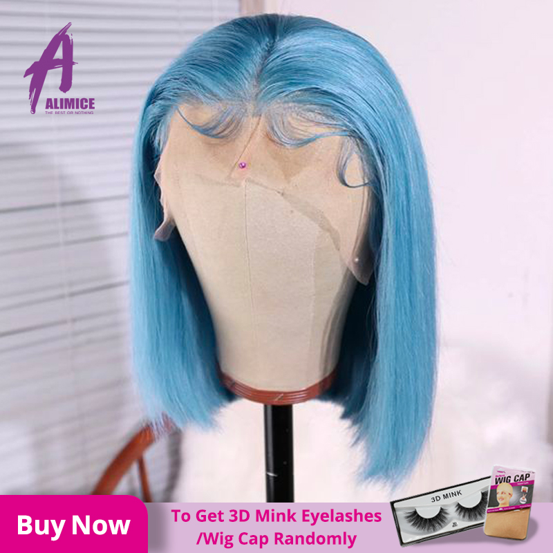 

Blue Bob Wig Straight Hair Bob Lace Front Human Hair Wigs 150% Density Alimice Brazilian 13*4 Glueless Human Lace Wigs, Pink color