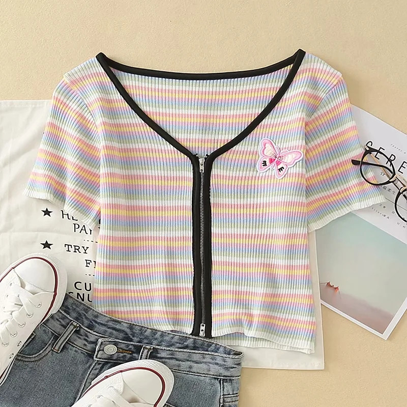 

2020 women colorful rainbow short summer knitted shirts female fashion butterfly appliques zipper o-neck knit tops blouse femme