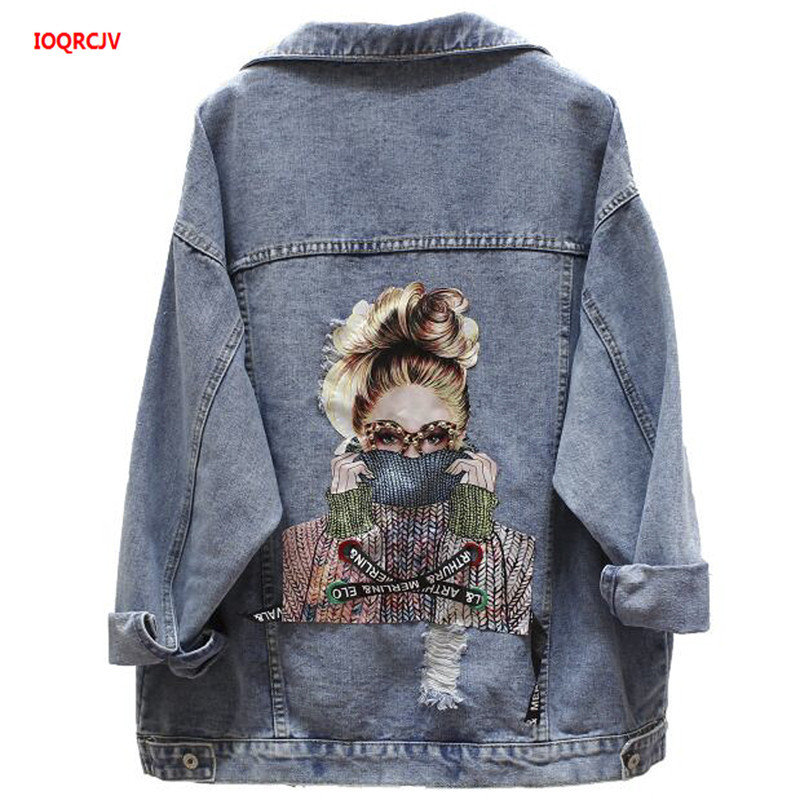 

2020 BF Autumn Harajuku Printed Frayed Beading Denim Jacket Loose Casual Jeans Jacket Women Coats Outwear Female Jackets W1976, Blue