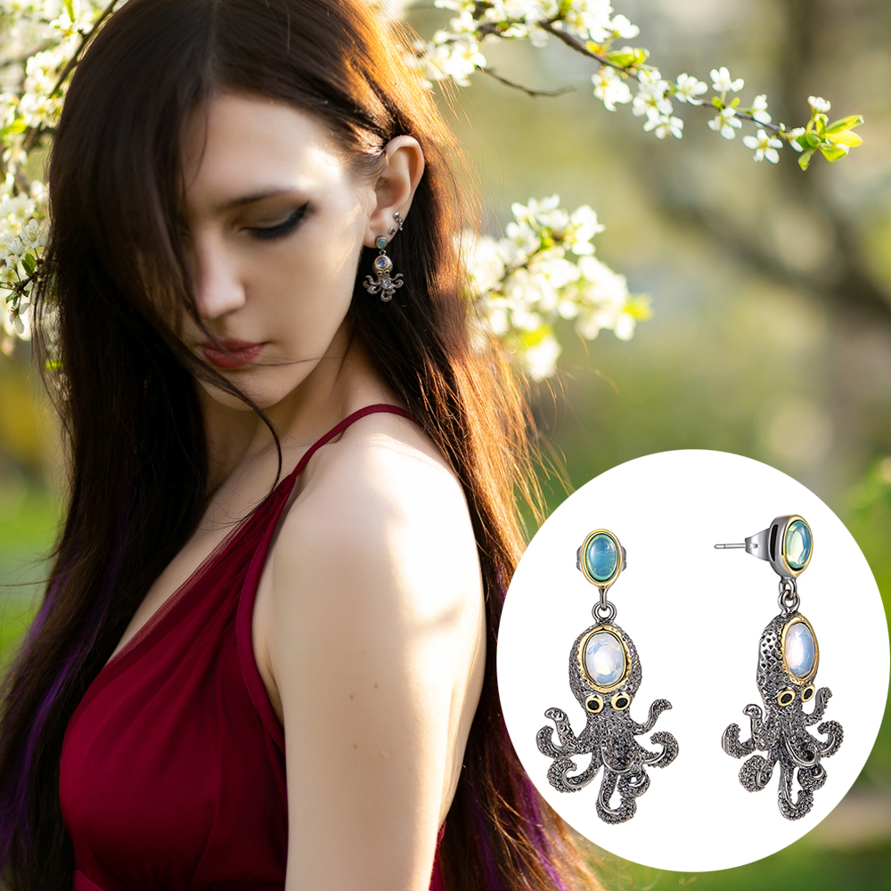 

Very cute Dangle Earrings Light Green/White Oval Stones Octopus animal design Jewellery Black Gold color Vintage Drop earring