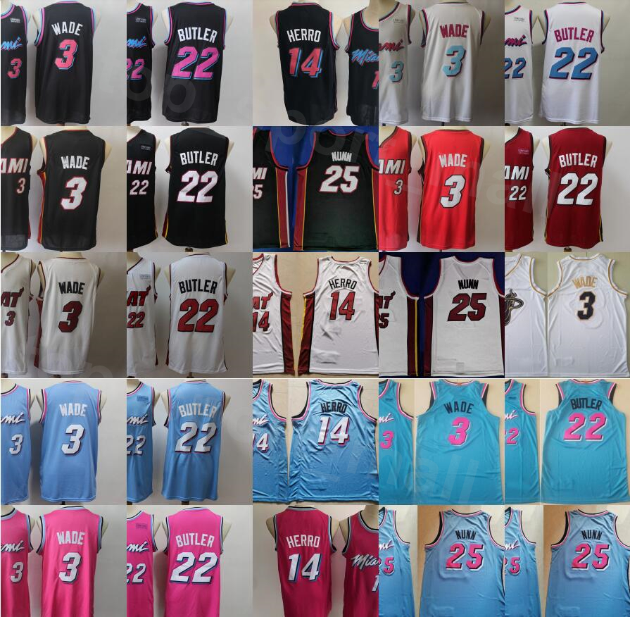 

Cheap Basketball Dwyane Wade Jersey 3 Tyler Herro 14 Jimmy Butler 22 Kendrick Nunn 25 Black White Red Pink Color Team Stitched Men, Only 3 and 22