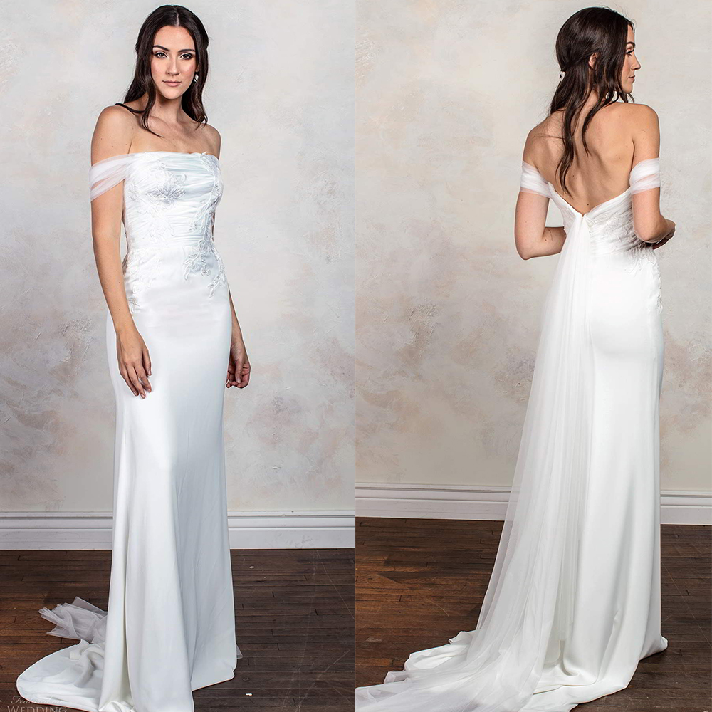 

2020 Spring Fashion Mermaid Wedding Dresses Sexy Off Shoulder Floral Appliques Short Sleeve Wedding Dress Backless Satin Sweep Train Bridal, Coral