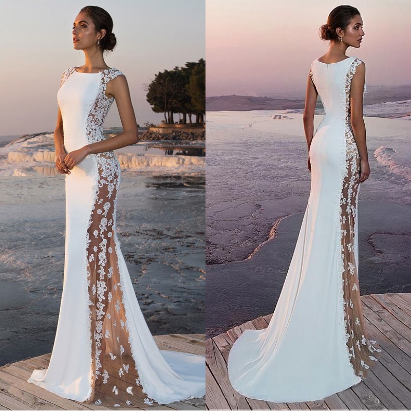 

2020 White Champagne See Through Tulle Sheer Bodice Wedding Dresses Mermaid Lace Sleeveless Sexy Bridal Gown robes de mariée, Black