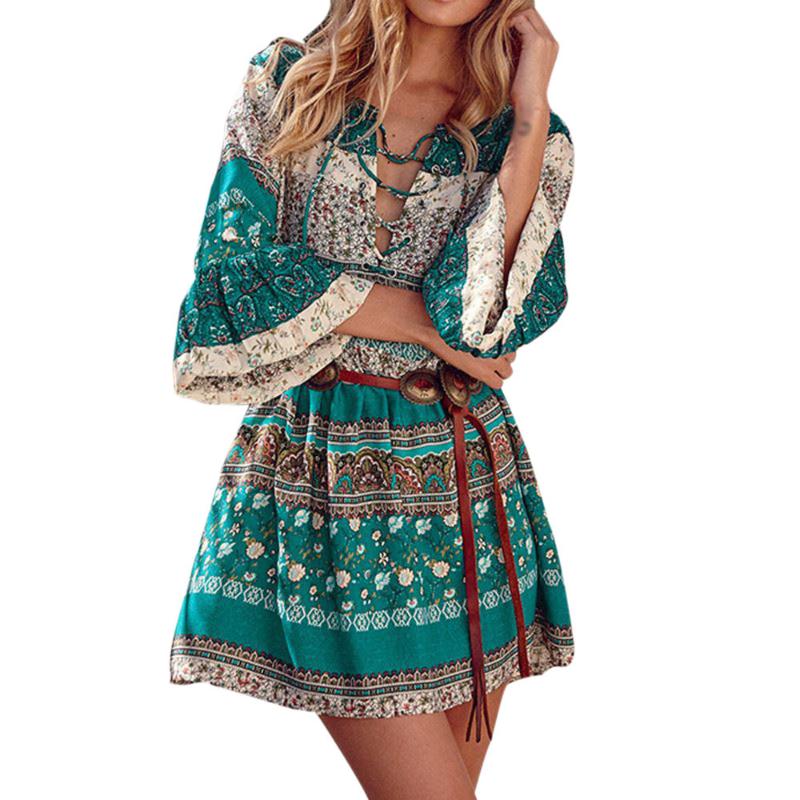 

SAGACE Ladies Print Floral Bohemian Beach Summer Dress 2020 Plus Size 5XL Three Quarter Sleeve Dress Ladies Evening Party, Ny