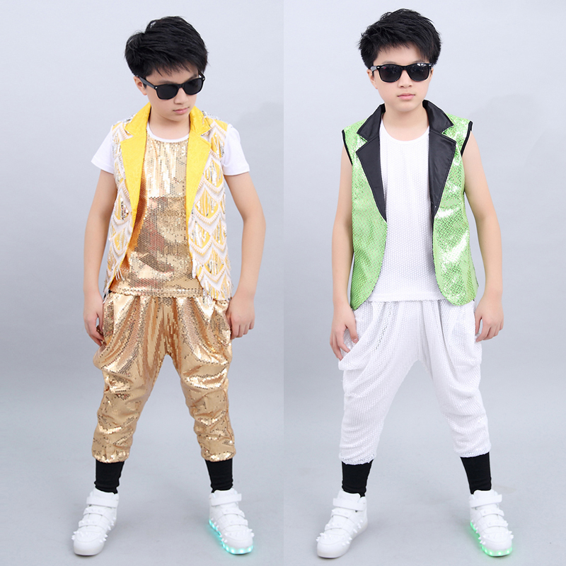 

Children Hip Hop Costumes Sequin Stage Outfits Boys Street Dancing Clothes Jazz Performance Kids Birthday Party Wear DN4978, 3 pcs
