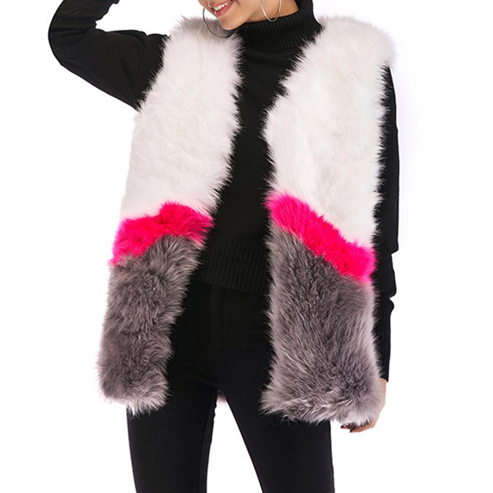 

Winter Women Fluffy Faux Fur Waistcoat Color Block Sleeveless Vest Coat Outwear, Red