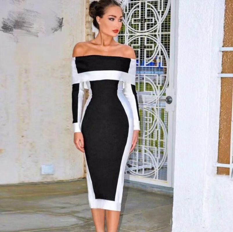 

2018 autumn women dress wholesale black & white patchwork off shoulder bandage dress red party + suit, As pic