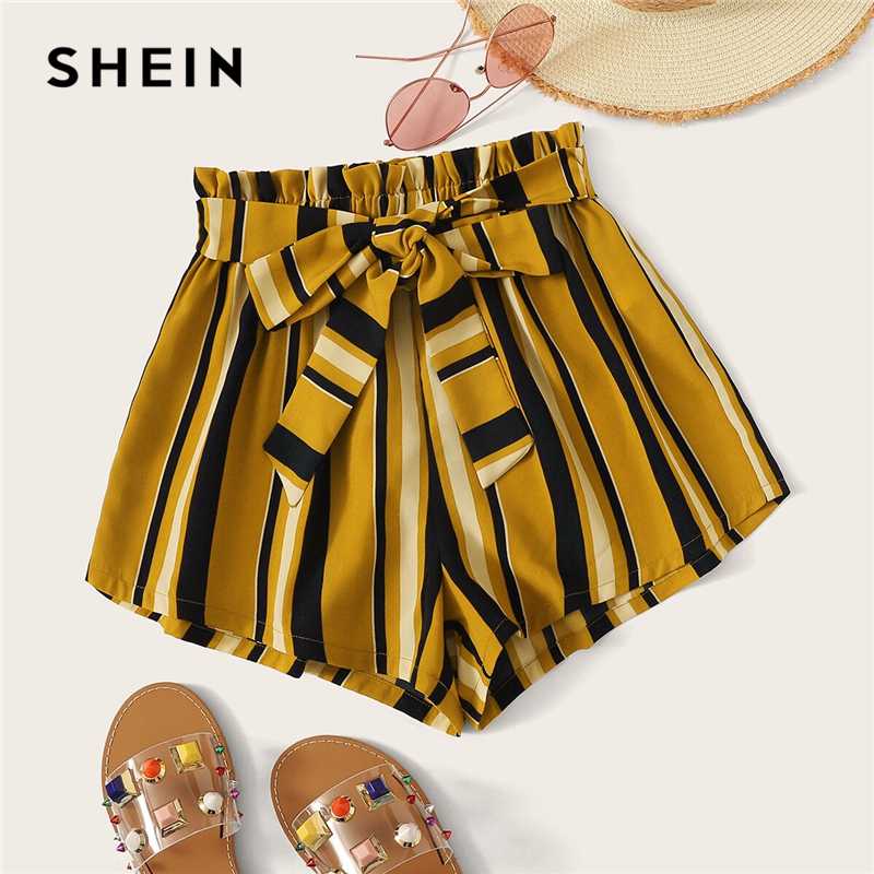 

SHEIN Paperbag Waist Self Belted Striped Shorts 2019 Summer Elastic Waist Shorts Boho Ginger High Culottes