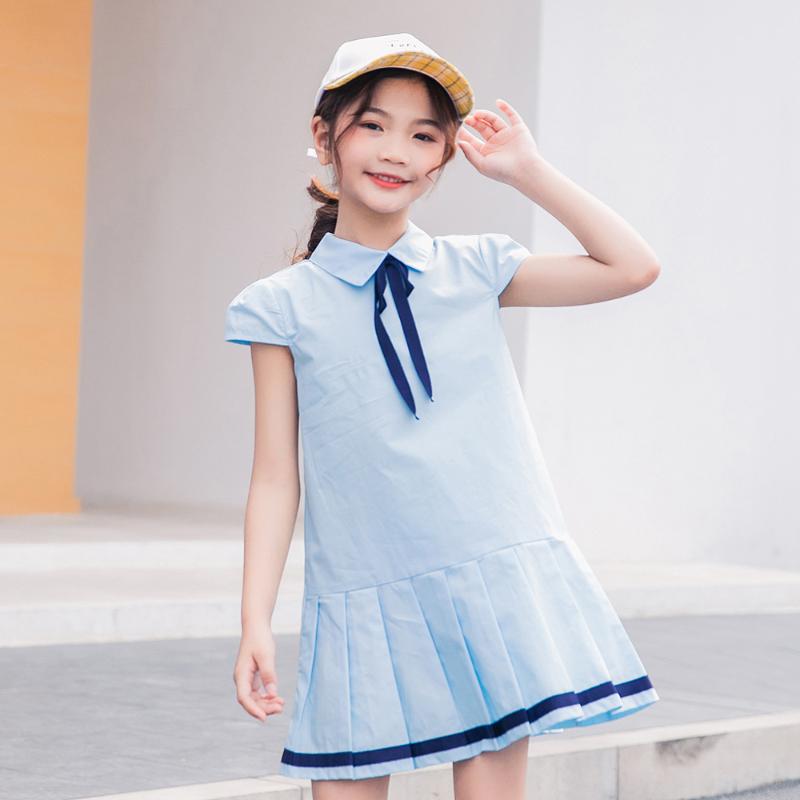 

Summer 2020 Girls Pleated Dress Children Cute Lapel College Style Short Sleeve Dresses Princess Skirt, Blue