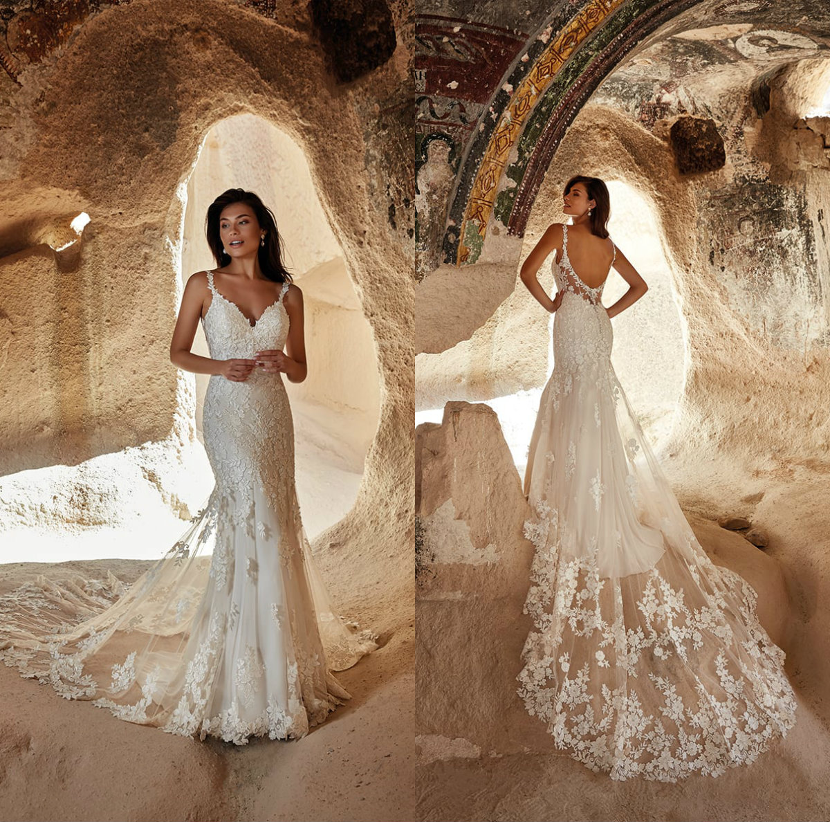 

Eddy K 2021 Wedding Dresses Spaghetti Straps Open Back Mermaid Bridal Gowns Custom Made Appliques Lace Satin Sweep Train Wedding Dress, Silver