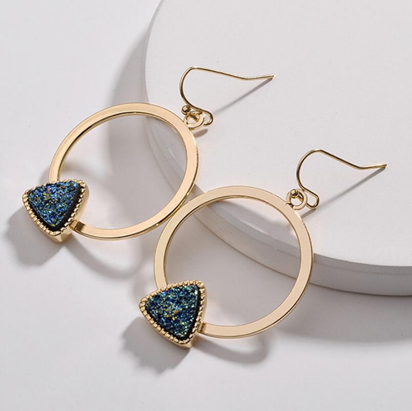 

Wholesale-2019 New Gold Geometric Circle Hexagonal Druzy Dandle Earrings For Women Designer Jewelry KS Earrings Wholesale