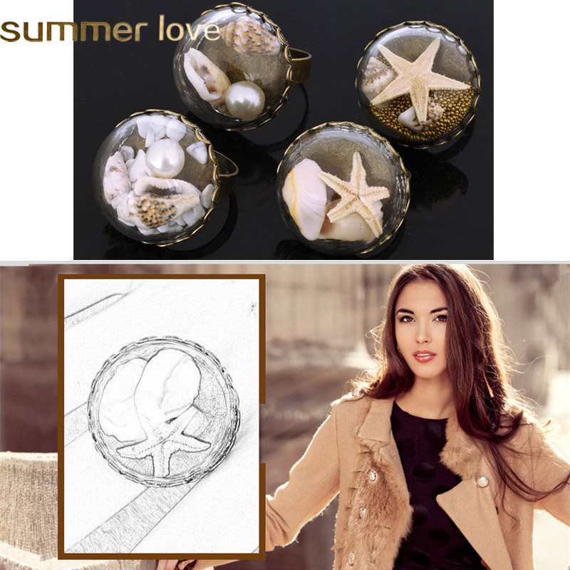 

2019 New Vintage Gold Unique Adjustable Big Rings For Women Ladies Glass Cover Shell Starfish Fashion Party Jewelry Handmade Artwork Gifts