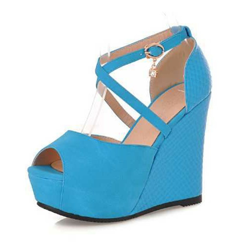 

Hot Sale-Wholesale-Ladies Wedge Platform High Heels Woman Summer Party Shoes New 2015, Blue