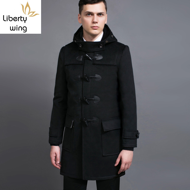 

Preppy Style Mens Fashion Claw Button Mid Long Coat Woolen Blends Hoody Dust Coats Casual Slim Fit Male Wool Trench Overcoat 6XL, Black