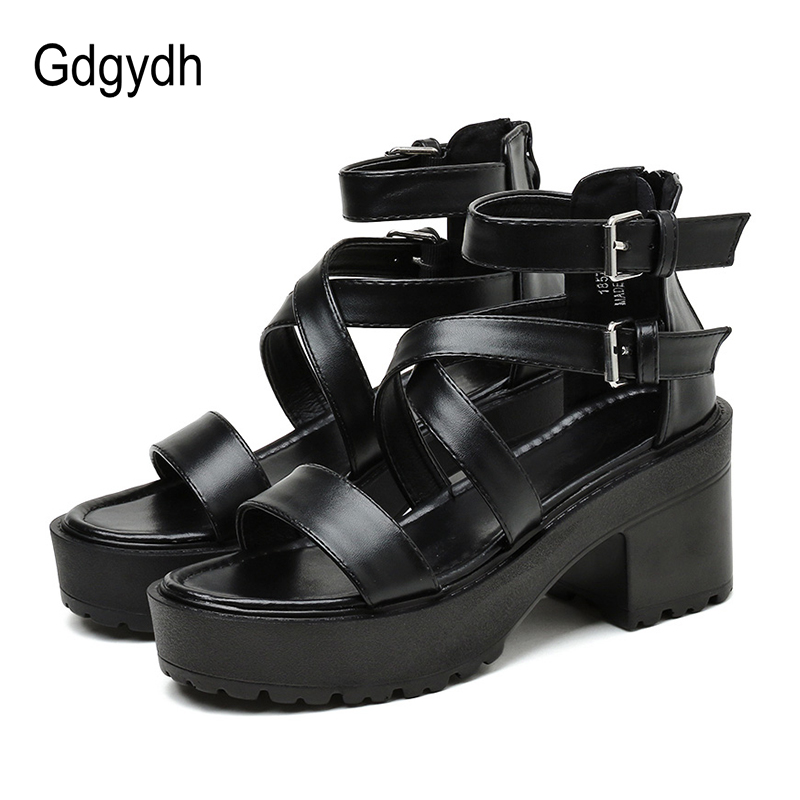 

Gdgydh 2020 New PU Leather Buckle Thick Bottom Platform Shoes Women Roman Style Chunky Heels Sandals Female Footwear Punk Rock, Black shoes