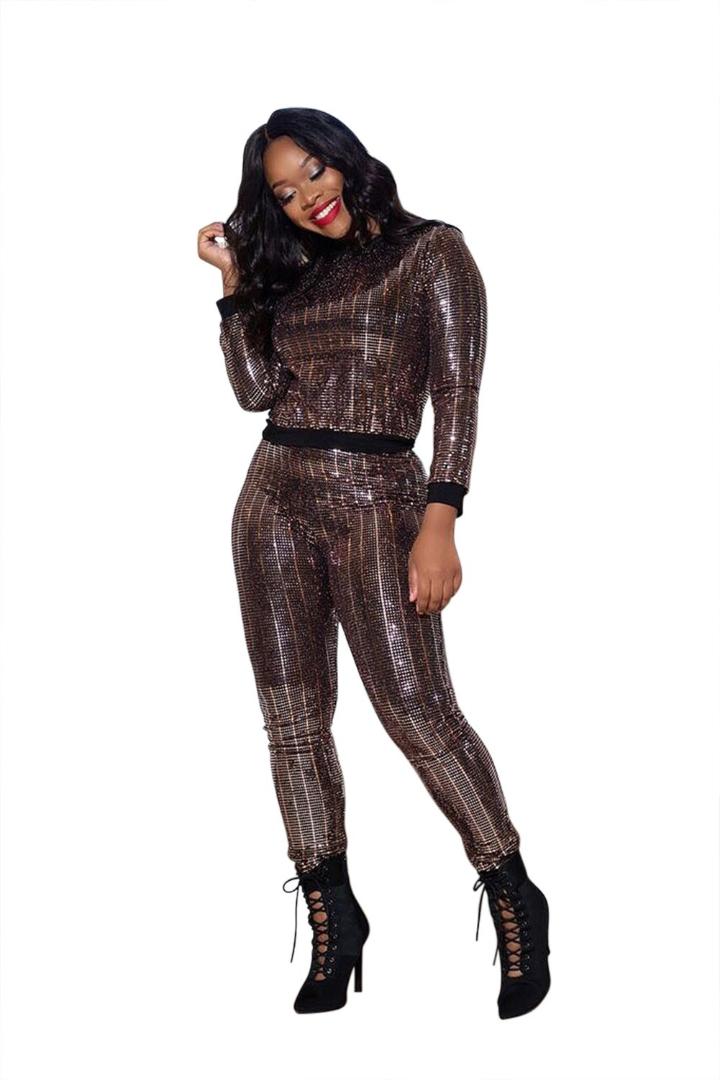 

Two Piece Sets Sequin Set Sexy Women Glitter Tops Long Sleeve Long Pants Set, Brown