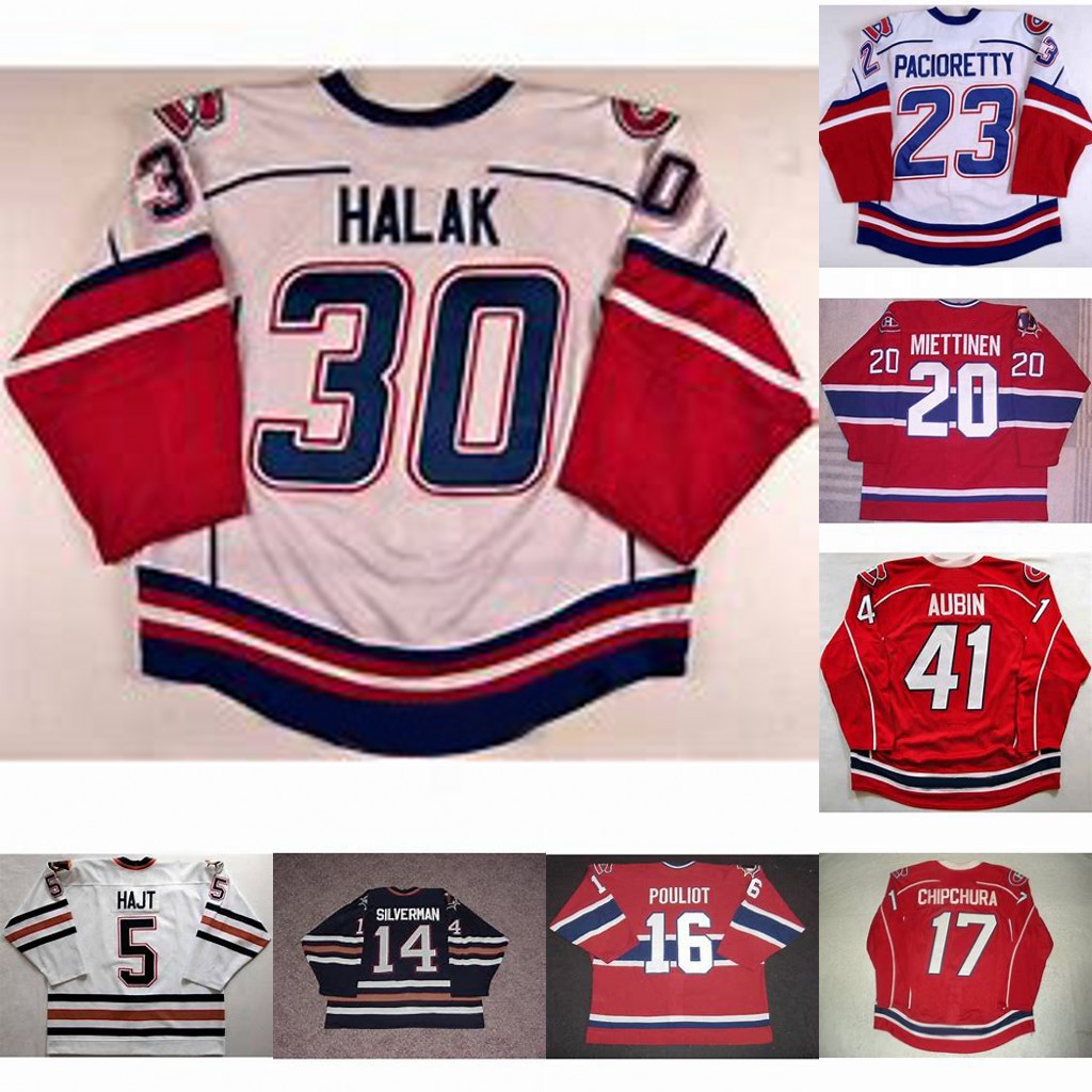 

Hamilton Bulldogs 20 Antti Miettinen 7 Jan Horacek 16 Marc Pouliot 41 Mathieu Aubin 25 White Authentic 21 Jonathan Ferland Hockey Jersey, Black;red