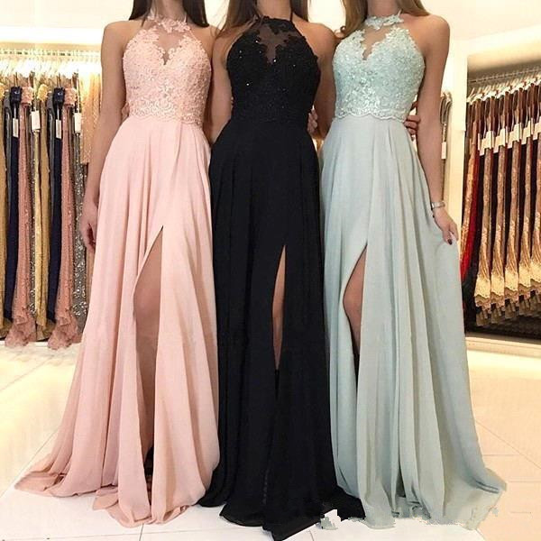 

2019 Elegant Halter Chiffon Long Bridesmaid Dresses Lace Applique Split Wedding Guest party Dress Maid Of Honor Dresses