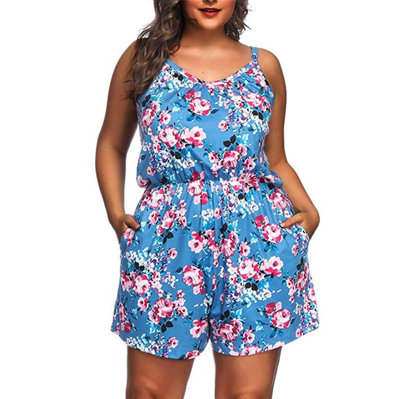 

Sleeveless V-Neck Women Rompers Summer Playsuit Plus Size Suspenders Printing Ruched Female Floral Loose Rompers Overalls Short Jumpsuits, Black