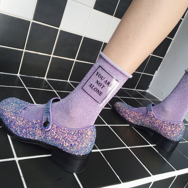 

Yanziku Japanese Korean Lettered Silver Lurex Crimping WOMEN'S Fashion Street Fashion Short Socks harajuku kawaii patchwork, Purple