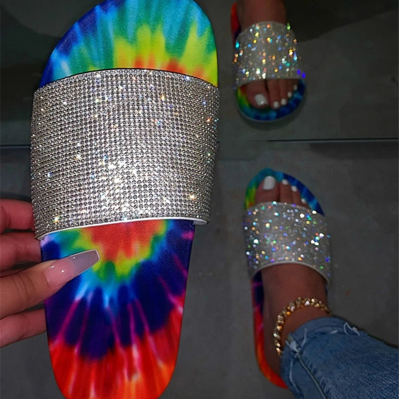 

Rhinestone Women Slippers Summer 2020 Flip Flops Multi Color Rainbow Lady Slides Slip On Flats Shoes Casual Bling Beach Sandals