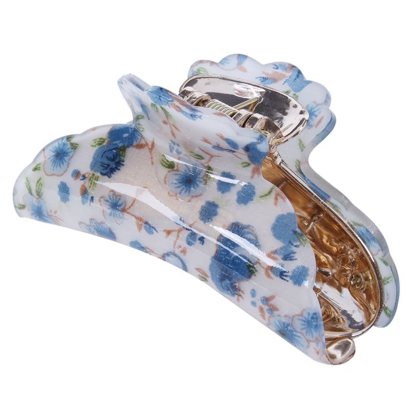

Woman Dark Blue Florals Pattern Plastic Hair Claw Clip Clamp