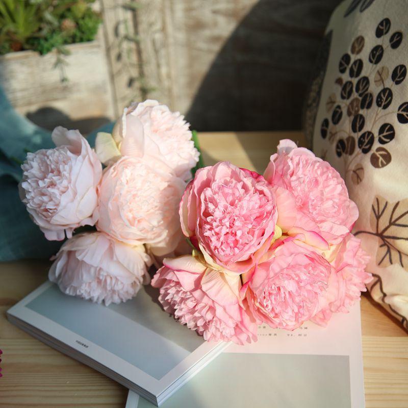 

5Head 33cm Artifical Peony Silk Flower Wedding Bouquet Office Decoration Home Decor Fake flowers for Wedding Birthday Party, Red