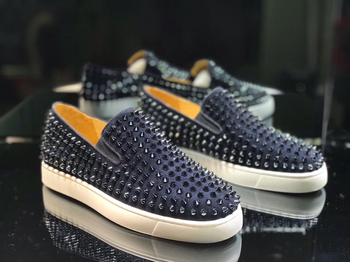 

Navy Blue Suede Fashion Shoes Red Bottom Men's Spiked Pik Boat Shoes Loafers Roller-Boat Trainers,Luxurious Italy Brand Red Sole Sneaker, Black