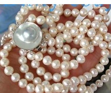 

Luster 3 Strands 8-9mm White Freshwater Pearl Necklace Mabe Blister Clasp, Silver
