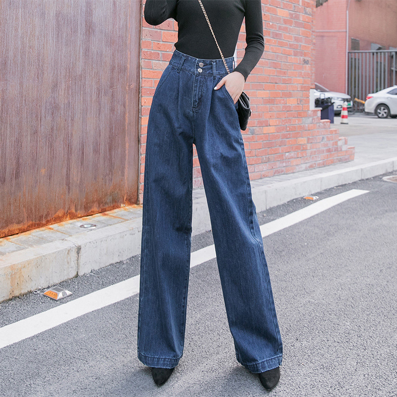 

Spring Autumn New Denim Pants Straight High-waisted Wide Leg Trousers Jeans Long Pants Women Plus Size Fashion Streetwear 2020, Blue
