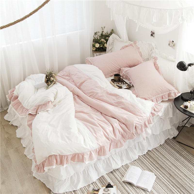 

Pink girl heart princess style cotton washed cotton four-piece bed skirt type ruffled bedding