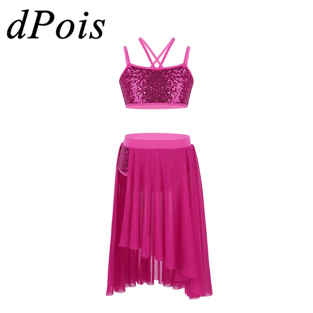 

2Pcs Kids Teen Lyrical Dance Dress Ballet Shiny Glitter Crop Top & Shorts Beveled Skirt Set Ballerina Costume Girls Latin Outfit, Rose red