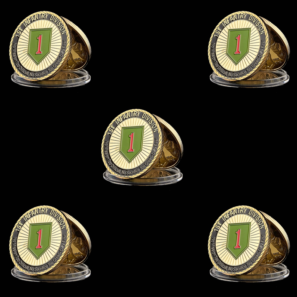 5pcs 1775 USA Challenge Military Army 1st Infantry Division Great Duty Soldier Honor Gold Plated Value Coin Collection-image-533471122