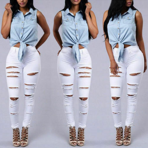 

Women' High Waist Denim Pants Distressed Ripped Skinny Leg Jeans Long Trouser, White