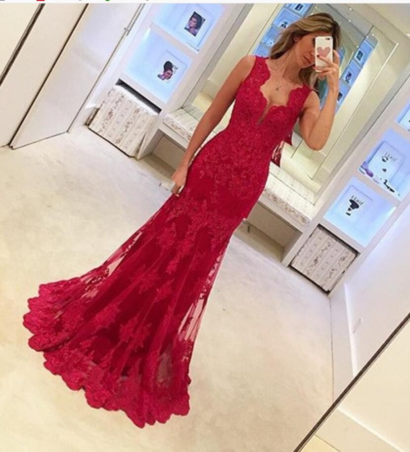 

Red Appliques Lace Evening Dress Sleeveless Mermaid Party Dress Elegant Women Long Prom Dresses Formal Gown, Brown