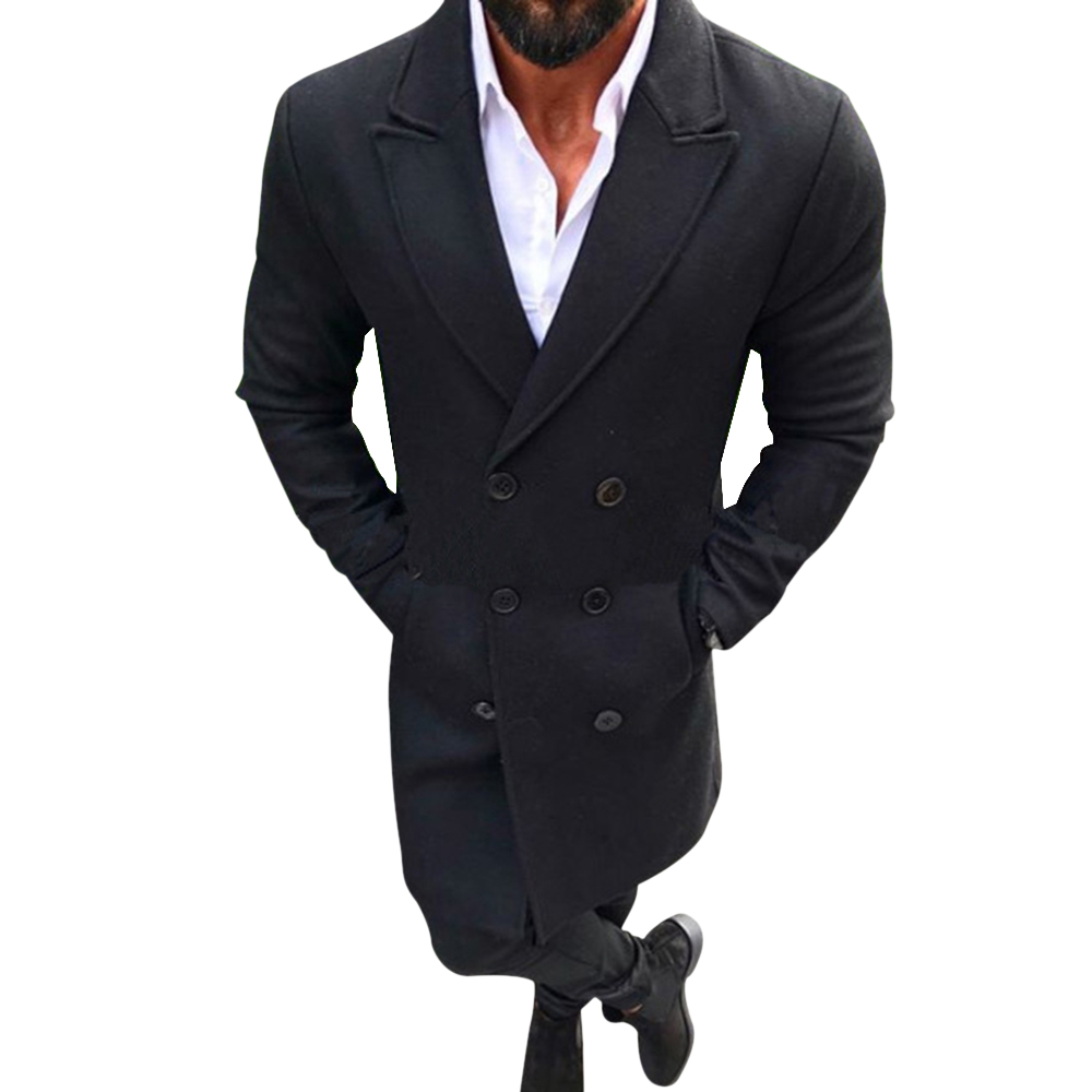 

Vogue Fashion Men Wool Coat Winter Warm Solid Color Long Trench Jacket Male Single Breasted Business Casual Overcoat Parka, Black