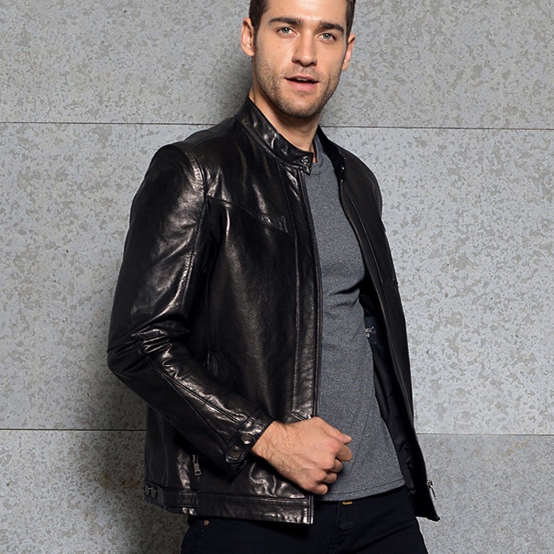 

Euro Mens Slim Fit Motorcycle Jacket Stand Collar Zip Windbreaker High Quality Genuine Leather Business Work Casual Male Coats, Black