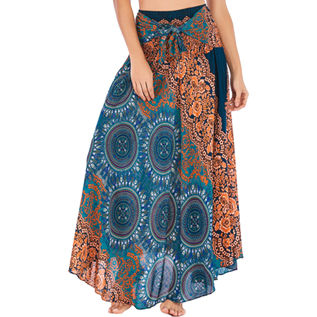 

Februaryfrost 2020 Women Bohemian Skirt New Long Hippie Gypsy Boho Flowers Ethnic Skirt Elastic Waist Floral Halter Skirt Beach Dress, Green