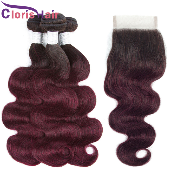 

1B/99J Burgundy Brazilian Virgin Ombre Human Hair Weave Bundles With Closure Body Wave Wine Red Colored Extensions And Top Lace Closure 4x4, T1b/99j