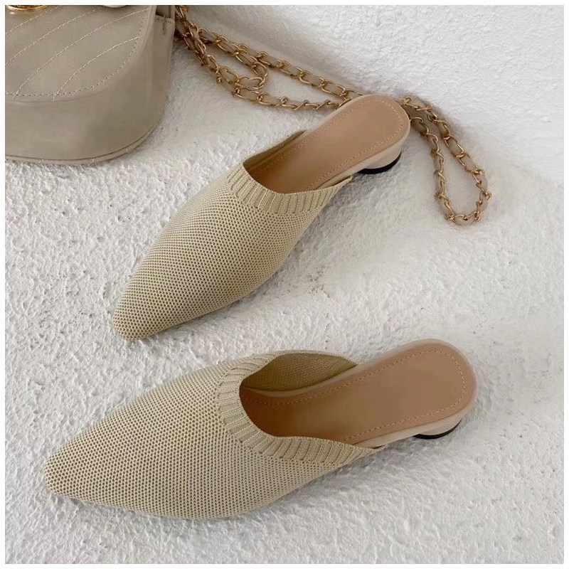 

Women Flat Slippers Fashion Knit Fabric Slides Knit Fabric Pointed Toe Slip-On Ladies Loafers Female Spring Shoes, Black and beige