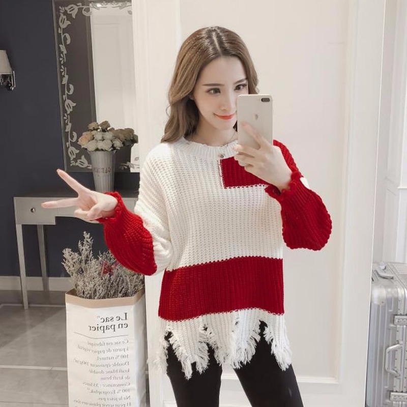 

Women tassel round neck sweater 2020 pullovers section loose was irregular female autumn winter new color matching base sweaters, Black