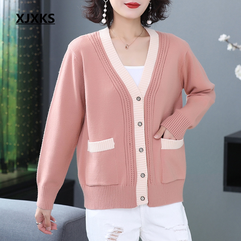 

XJXKS New 2020 Spring Casual Women Cardigans Long Sleeve Knitted Cardigan Sweater Female Pink Button Sweater Coats With Pocket, Beige