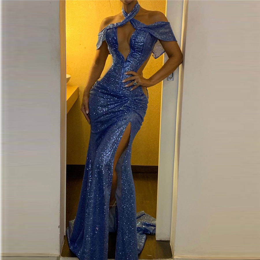 

Sexy Sequined Halter Prom Dresses Cutaway Sides Cap Sleeves High Side Split Mermaid Evening Dress Pleats Simple Cocktail Party Dress, Brown
