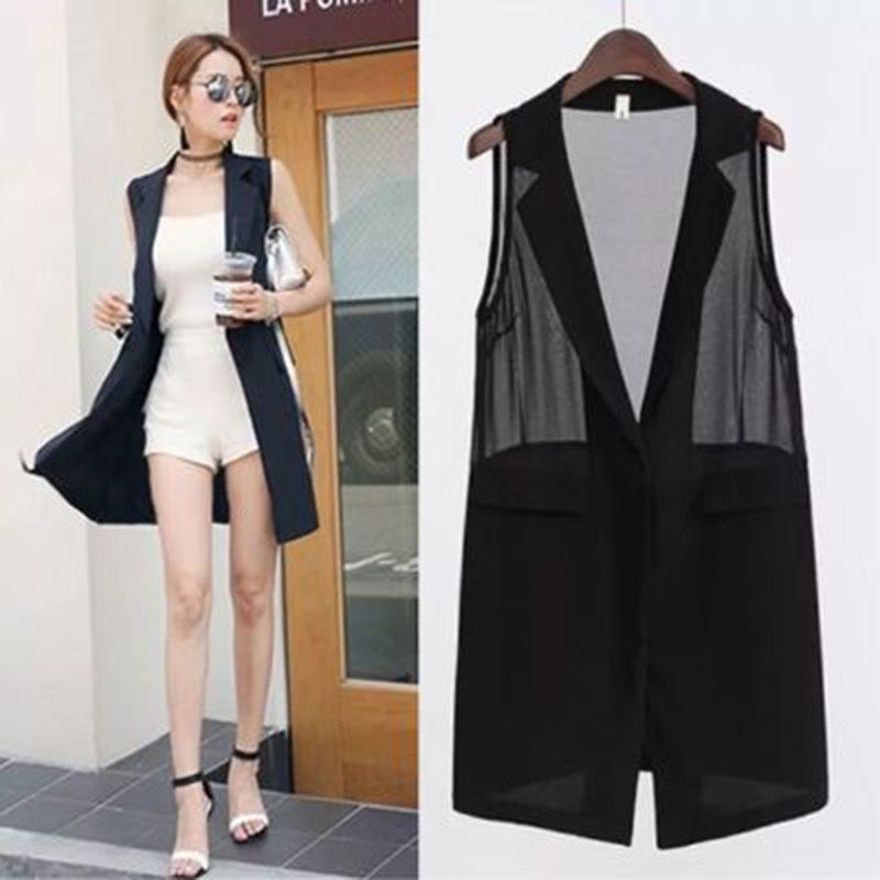 

Summer long blazer vest ladies office elegant sleeveless solid color chiffon stitching slim blazer vest plus size 5XL, Black