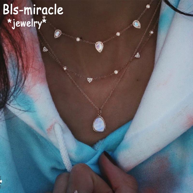 

Boho Fashion Vintage Gold Necklaces For Women Crystal Heart-shaped Water Drop Opal Pendant Necklace Multilayer Female Jewelry